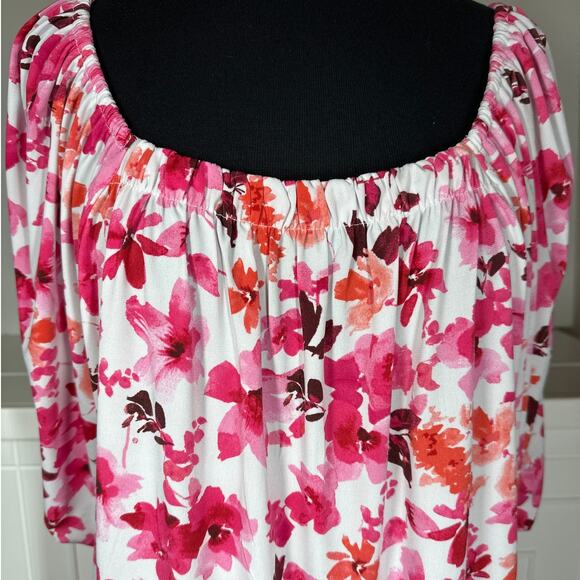 Susan Graver Floral Printed Liquid Knit Square-Neck Peasant Top Pink Size 2X - Picture 3 of 10
